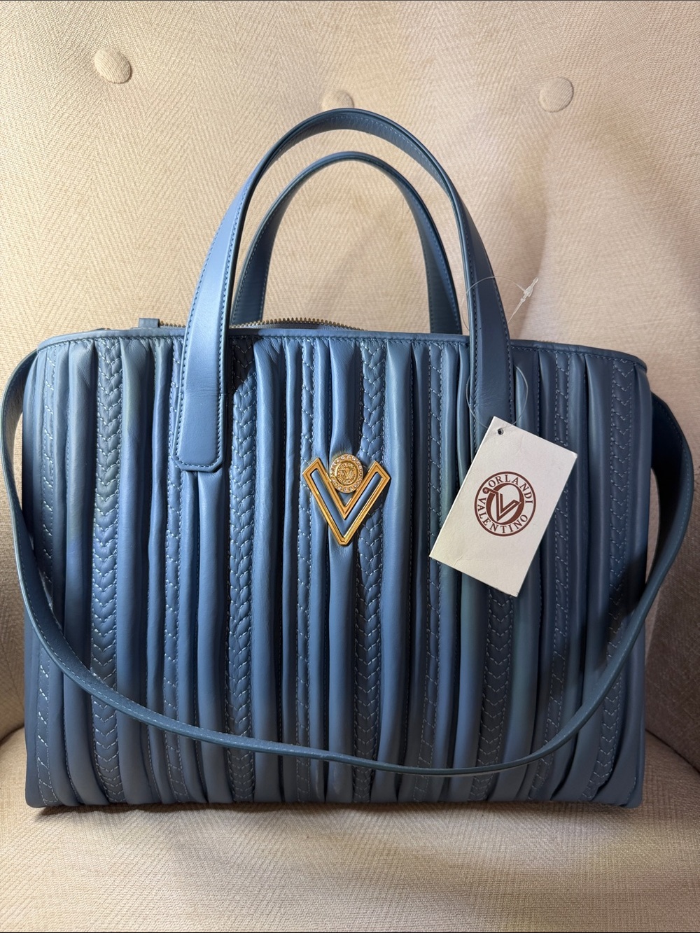 Valentino Orlandi Blue Quilted Satchel with Gold V Emblem